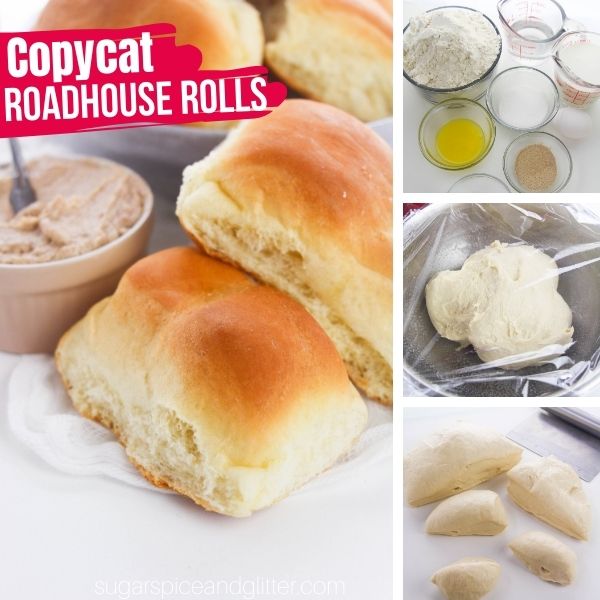 composite image showing Texas Roadhouse rolls plus three images showing how to make the recipe