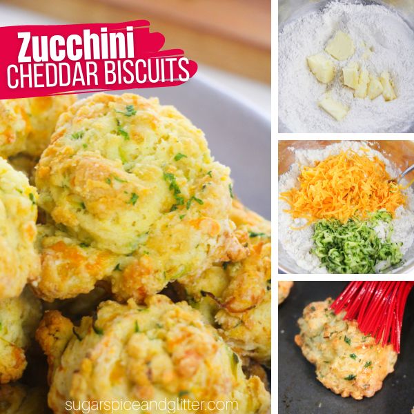 composite image showing a pile of zucchini cheddar biscuits along with three images showing how to make them
