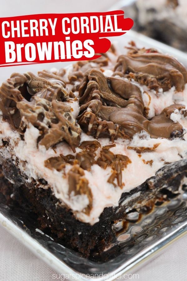 A decadent cherry chocolate brownie recipe for cherry cordial fans, this rich homemade brownie features cherry cordials baked into the batter and then chopped and sprinkled overtop of a maraschino cherry buttercream frosting, before being drizzled with milk chocolate.