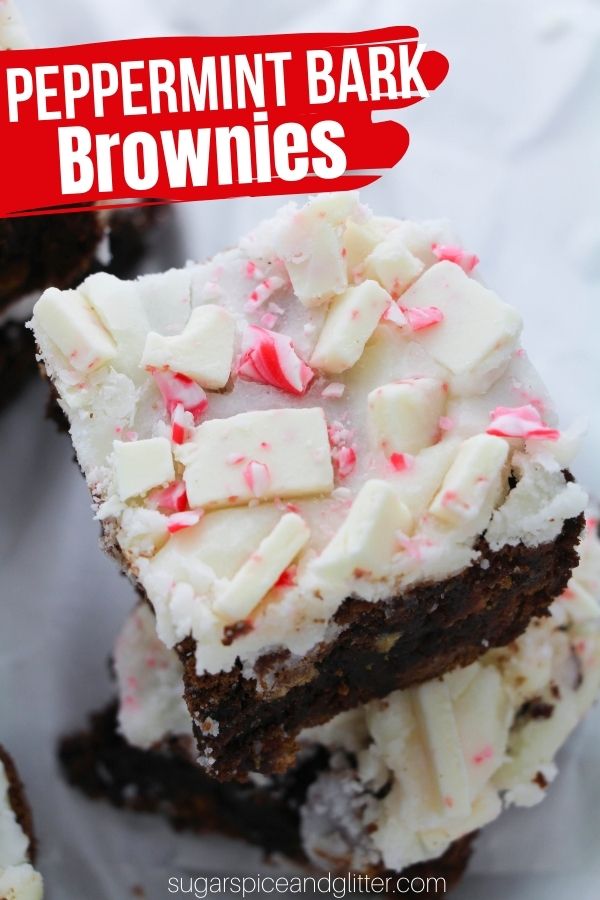 A decadent homemade brownie with white chocolate peppermints baked into the batter and then used to top a silky white chocolate ganache. These peppermint bark brownies are the ultimate in Christmas chocolate indulgence.