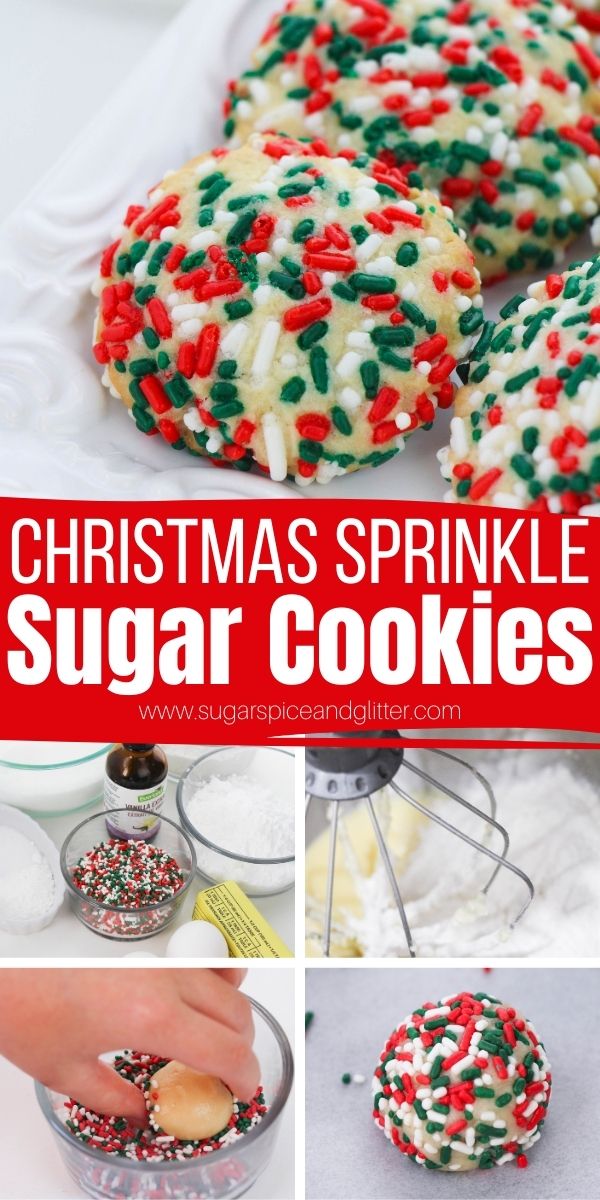 How to make Christmas Sprinkle Sugar Cookies - a super easy Christmas cookie the kids can help make. Soft, pillowy sugar cookies with a crunchy sprinkle coating