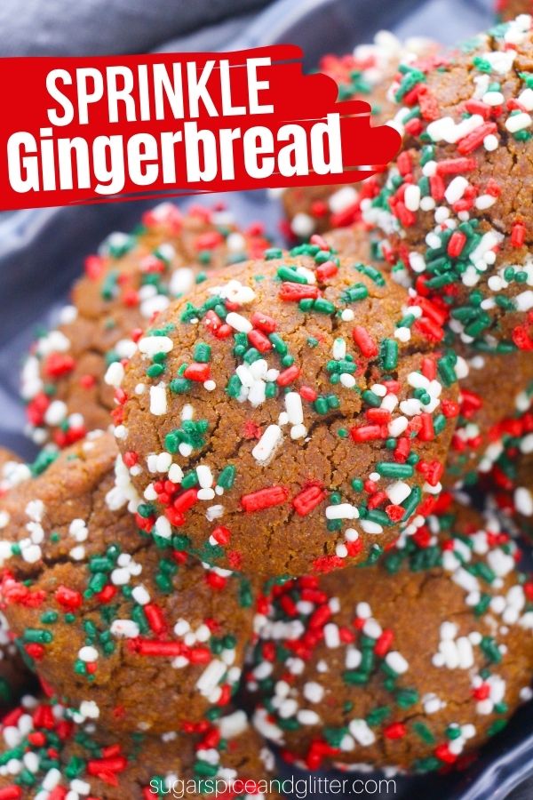 A tender, delicious and perfectly spiced gingerbread cookie rolled in festive sprinkles, these Christmas cookies are super simple to make with the kids!