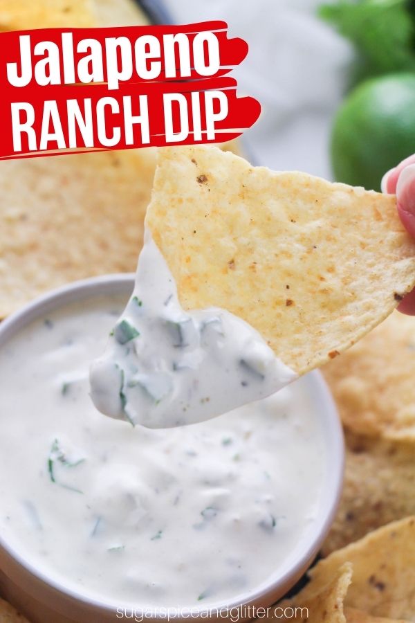 A creamy, perfectly balanced Jalapeno Ranch dip perfect for dipping chips or veggies. This Jalapeno Ranch Dip is made with homemade ranch seasoning, fresh jalapenos and fresh parsley for a delicious appetizer or party recipe - everyone will be begging for the recipe!