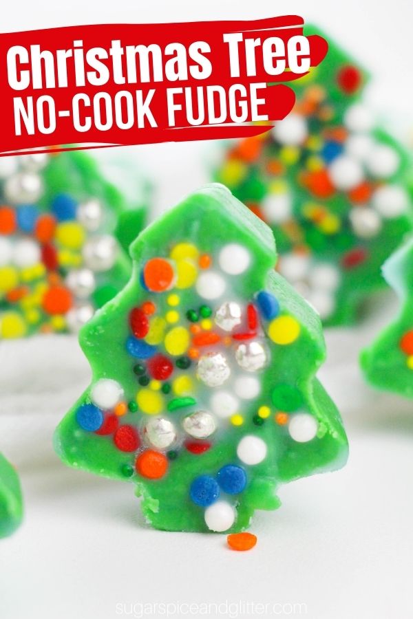 A pretty no-cook Christmas fudge shapes and decorated to look like mini Christmas trees. This Christmas Tree fudge is simple enough for kids to make independently and makes a cute addition to your Christmas party table