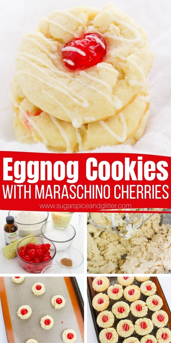 How to make the best eggnog sugar cookies - complete with maraschino cherry center and an icing drizzle flavored with rum extract and nutmeg. These eggnog cookies just melt in your mouth - and are ready in less than 25 minutes!