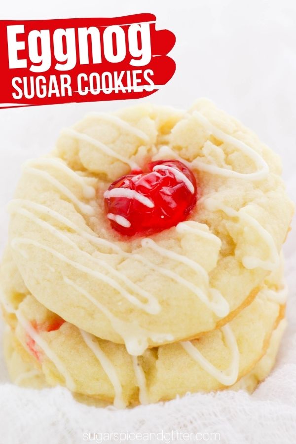 A delicious melt-in-your-mouth eggnog cookie topped with a maraschino cherry and a sugar drizzle flavored with rum extract and nutmeg. These easy Christmas cookies are the ultimate dessert for eggnog fans