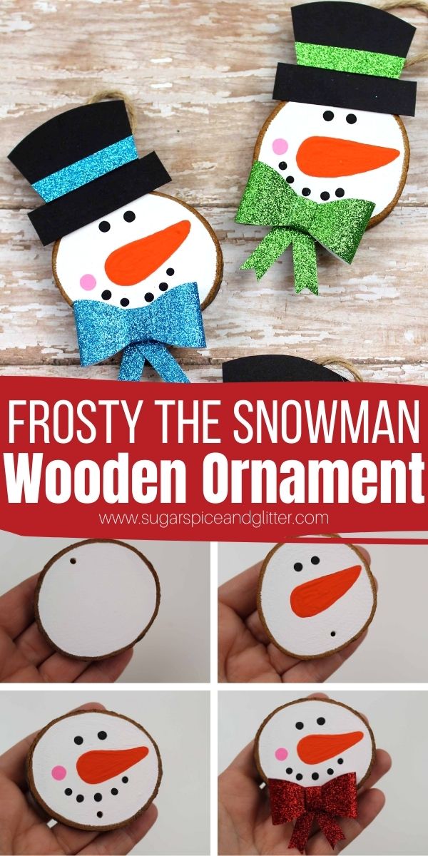 How to make a Frosty the Snowman Wooden Slice ornament, a fun DIY wood slice ornament to add some rustic charm to your holiday decor. A super simple step-by-step tutorial that kids can even make