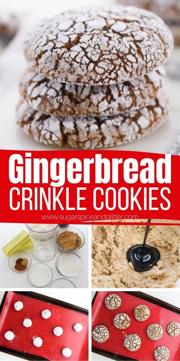 How to make gingerbread crinkle cookies with a crackly, powdered sugar coating. These soft gingerbread cookies melt-in-your-mouth and have the perfect amount of spice and chew. Perfect for a holiday baking session with the kids