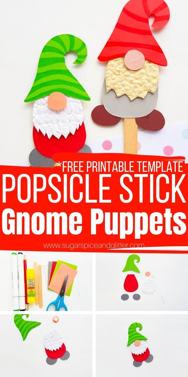 How to make Popsicle Stick Gnome Puppets using our free printable craft template. Kids can create their own gnome stories using these puppets, which double as gnome bookmarks!