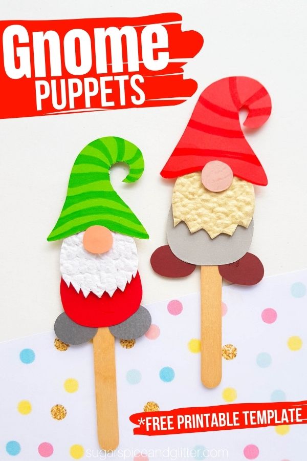 A cute gnome paper craft for kids, these gnomes can be turned into popsicle stick puppets, gnome magnets, or even added to Christmas cards!