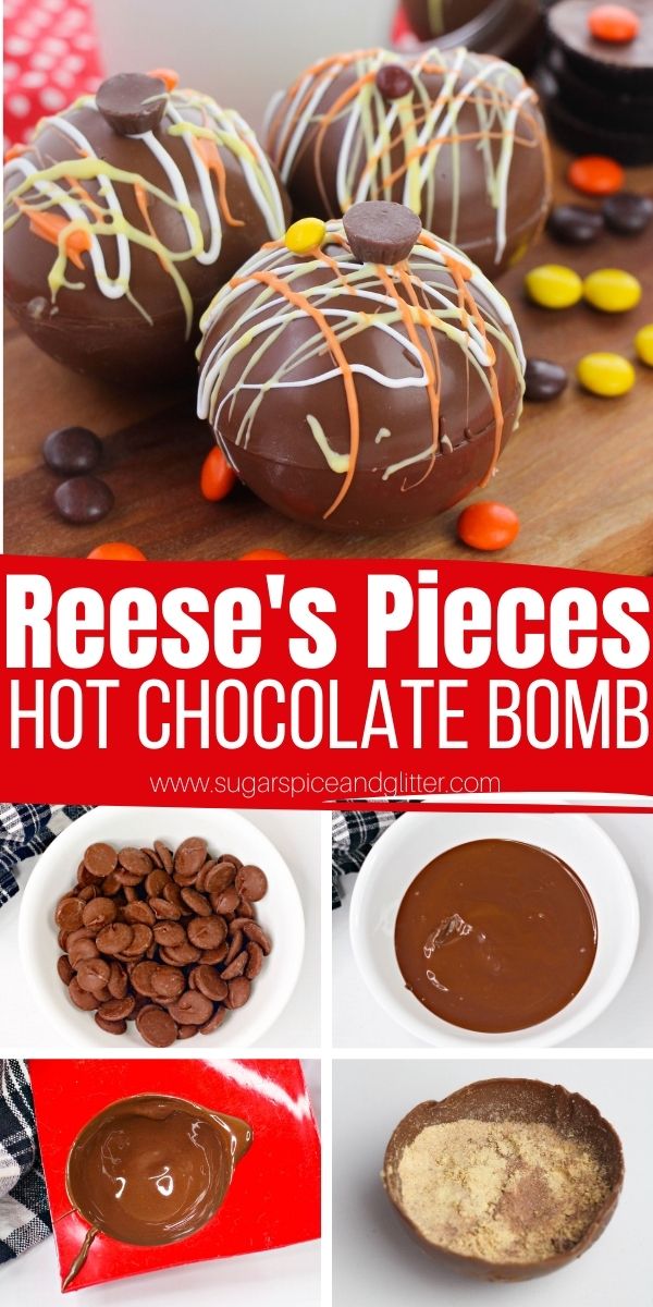 How to make Reese's Pieces Hot Chocolate Bombs, a fun peanut butter hot chocolate recipe perfect for Reese's Pieces fans. These Peanut Butter Hot Chocolate Bombs melt into a mug of milk to create a rich, indulgent mug of hot cocoa with the perfect peanut butter chocolate flavor