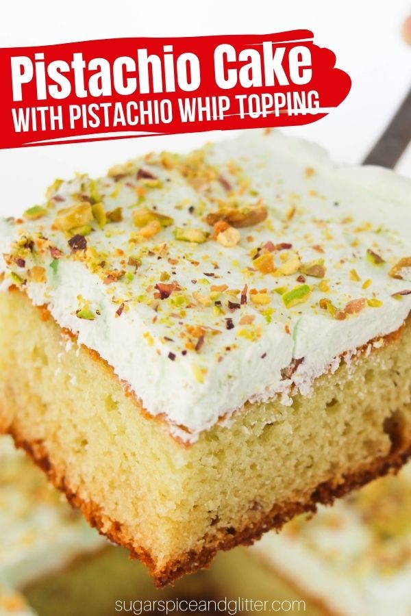 This tender pistachio cake is an incredibly easy doctored cake mix recipe using white cake mix and pistachio pudding mix. Topped with a whipped pistachio frosting and even more chopped pistachios, it's a pistachio lover's dream dessert.