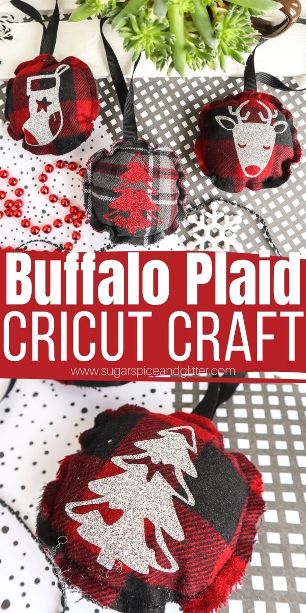 How to make rustic fabric ornaments using your Cricut Machine - includes free SVG file for the transfers seen here (deer head, Christmas tree and stocking)