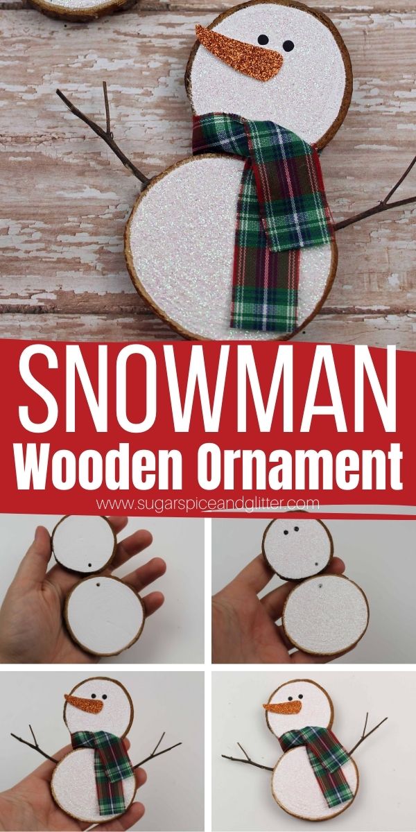 How to make a Wooden Slice Snowman Craft, a simple rustic ornament that kids can help make! These glittery snowman add a fun bit of whimsy to your Christmas decor, whether you use them to decorate the tree or adorn a winter wreath or winter painting.