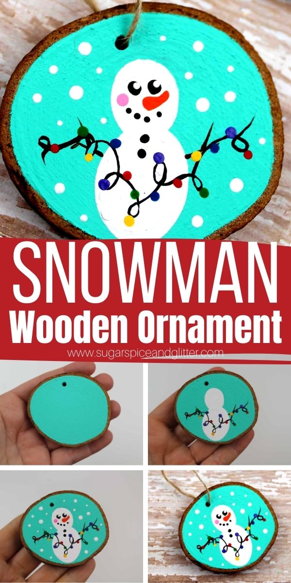 How to make a Wooden Slice Snowman Ornament with a whimsical winter scene. These cheerful snowmen are ready to help string up lights - or you can make your own winter scenes with the snowmen sipping on hot cocoa or having a snowball fight. A super simple snowman craft for kids