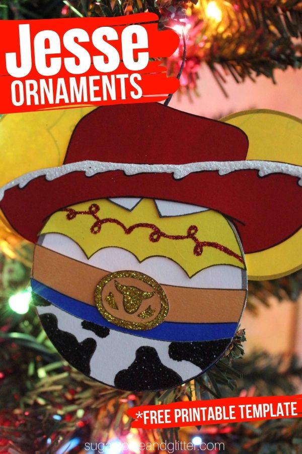 Free printable craft template to make your own Sheriff Jessie Christmas Ornaments. A fun Toy Story craft for Christmas for kids or grown-ups!