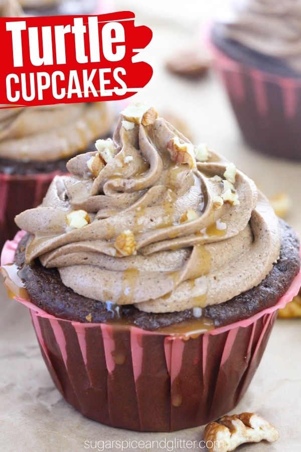 A decadent chocolate caramel pecan cupcake recipe inspired by the classic candy, these Turtles Cupcakes are a rich and decadent chocolate cupcake with a caramel filling and lush chocolate buttercream frosting, topped with even more caramel and fresh pecans.