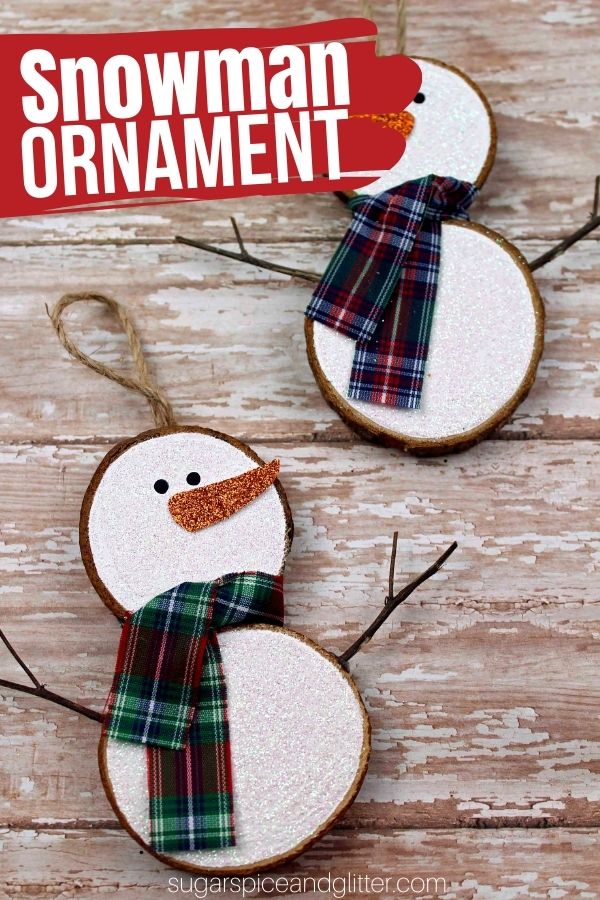A simple step-by-step tutorial for how to make a Wooden Slice Snowman Ornament, a fun mix of rustic charm and glitz to add to your Christmas decor. This is a fun ornament to make with kids and can also be used to decorate a winter painting or wreath