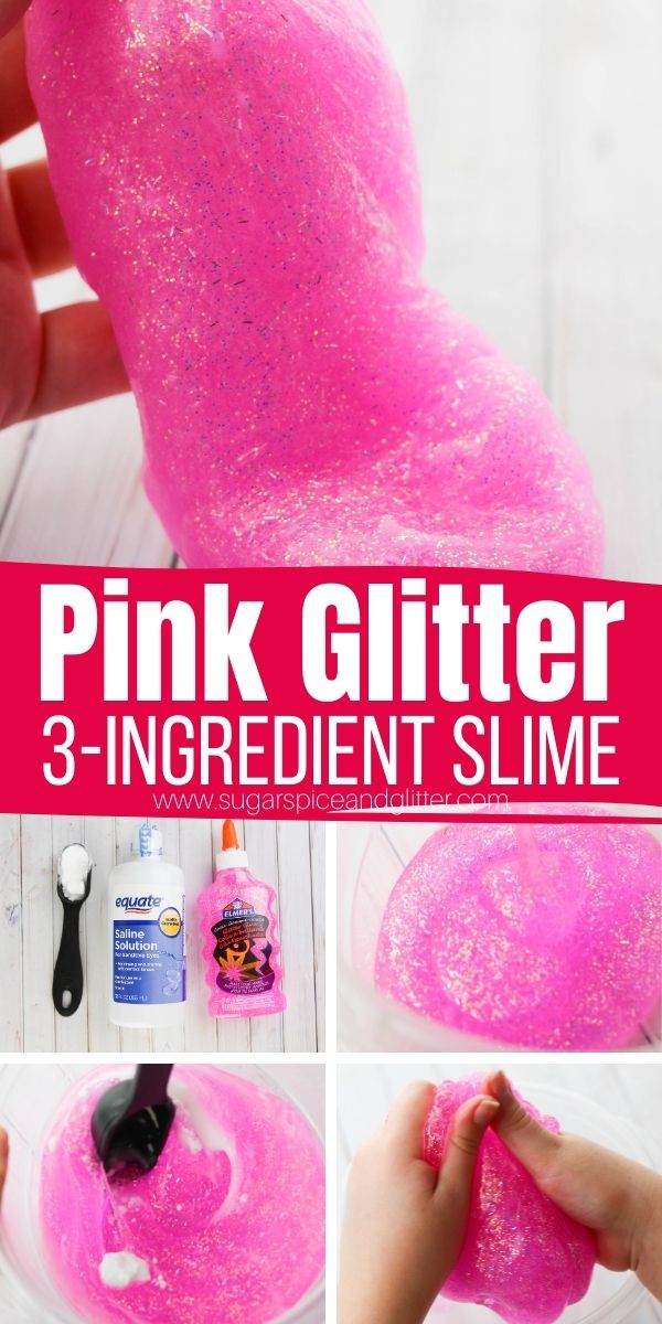 How to make pink glitter slime with just 3-ingredients. A fun, squishy and stretchy 3-ingredient slime perfect for a princess party or homemade Valentine's Day gift. This pink glitter slime is so simple to make and lasts for at least two weeks.