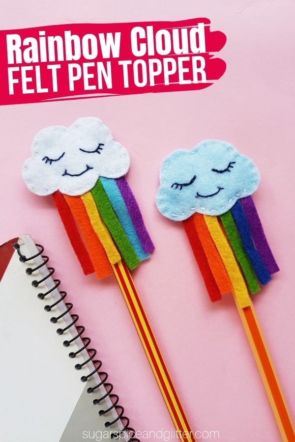 A cheerful little rainbow cloud pencil topper to add some whimsy and a pop of color to your pencil case. This quick sewing project for kids is a great homemade school supply or teacher gift.