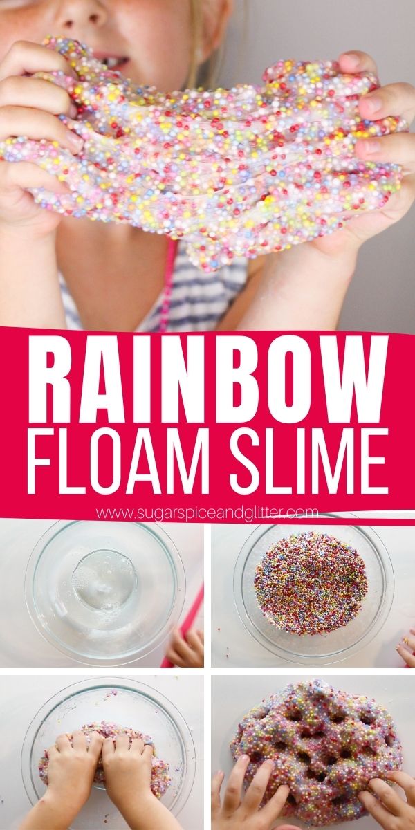 How to make rainbow floam slime with just 4 ingredients plus a splash of water. This fun rainbow slime has a great texture and is a great way to use up leftover craft supplies - whether you have foam beads, perler beads or confetti.