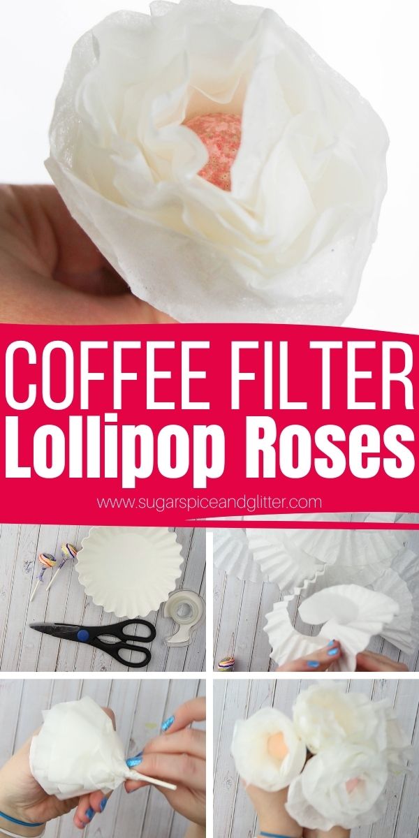 How to make coffee filter roses using leftover lollipops, popsicle sticks or pipe cleaners. You can customize these coffee filter roses by painting the coffee filters in a variety of different ways. A quick and easy 5 minute craft for kids