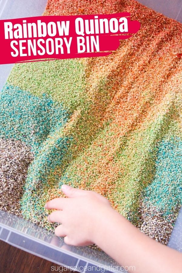 A step-by-step tutorial for how to make rainbow quinoa for a sensory bin, without rubbing alcohol. This vibrant, silky sensory bin is so much fun to play and learn with!
