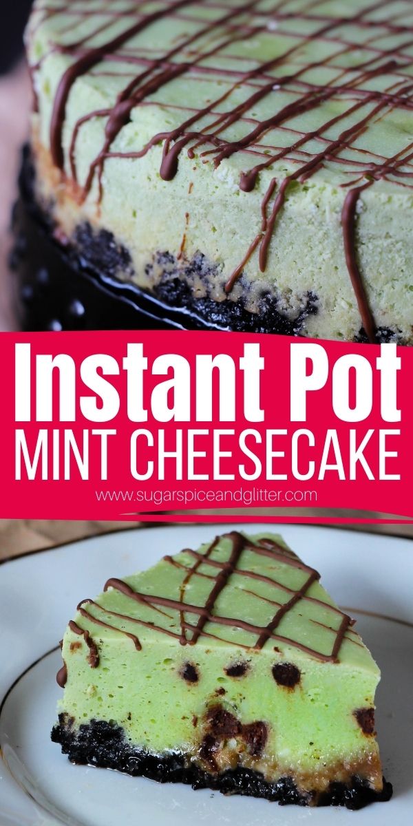 How to make mint chocolate chip cheesecake in the Instant Pot - a rich, creamy and decadent cheesecake perfect for mint chocolate fans. This mint chocolate dessert is super quick and easy to whip up