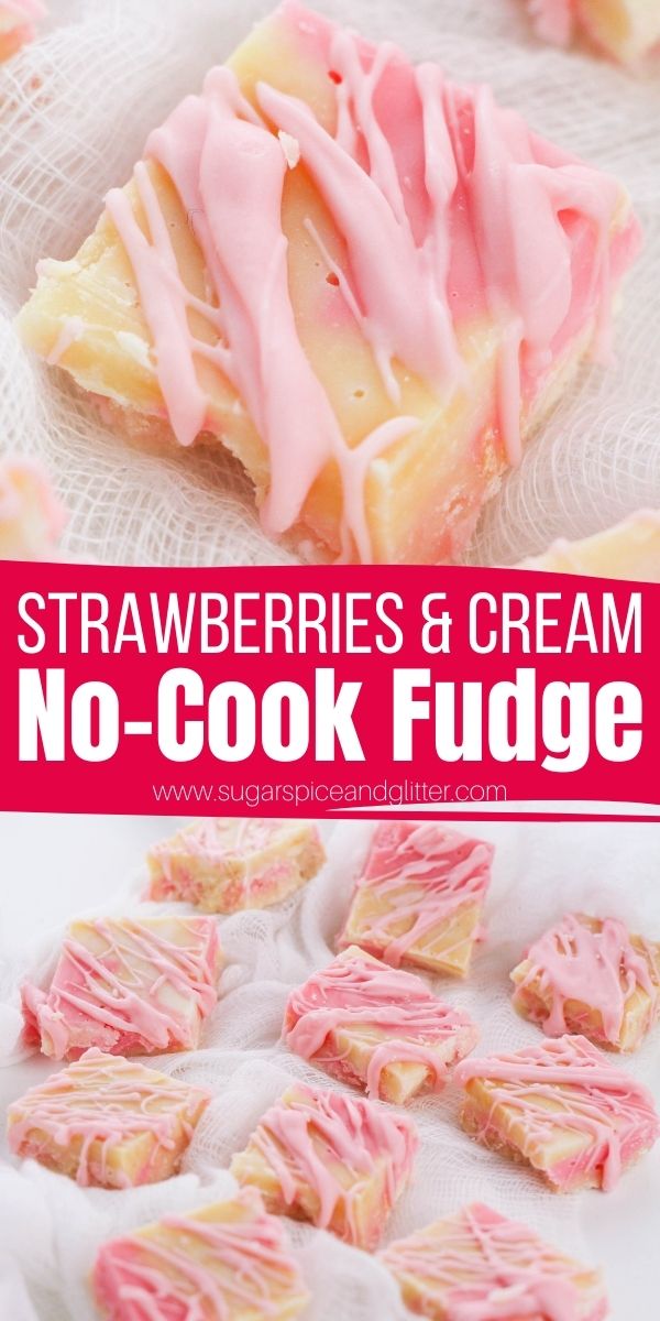 How to make the best strawberry fudge with just 4 ingredients and 10 minutes. A perfect no-bake dessert recipe that tastes just like a strawberry milkshake, without having to hit the drive-thru