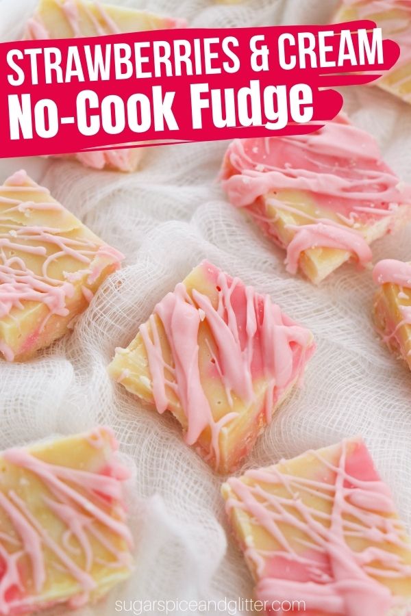 An easy no-cook strawberry fudge recipe using just 4 ingredients and taking less than 10 minutes to whip up. This easy fudge is the perfect way to indulge your sweet tooth without heating up the house