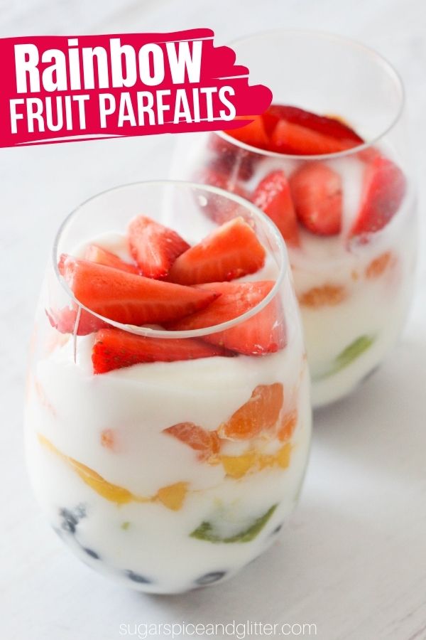 How to make rainbow fruit and yogurt parfaits - a delicious healthy breakfast or healthy dessert recipe that kids can make! This gorgeous fruit yogurt parfait can be customized with different flavors for a cheater cheesecake experience that will satisfy your sweet tooth!