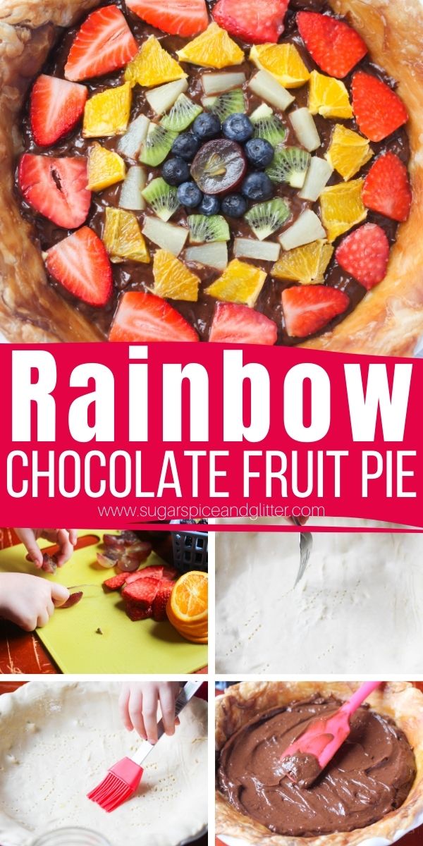 How to make a chocolate fruit pie, a fun twist on a classic with a buttery, flakey pie crust, chocolate pudding filling and a rainbow of fruits decorating the top. The perfect rainbow dessert for kids to help make