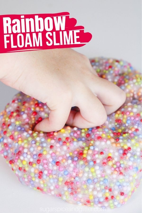 A fun homemade slime recipe with a great texture and bright pops of color, this homemade Floam slime combines the squishy, stretchy fun of slime with the bumpy, moldable texture of Floam. You can also make this Floam slime with rainbow colored beads or confetti.