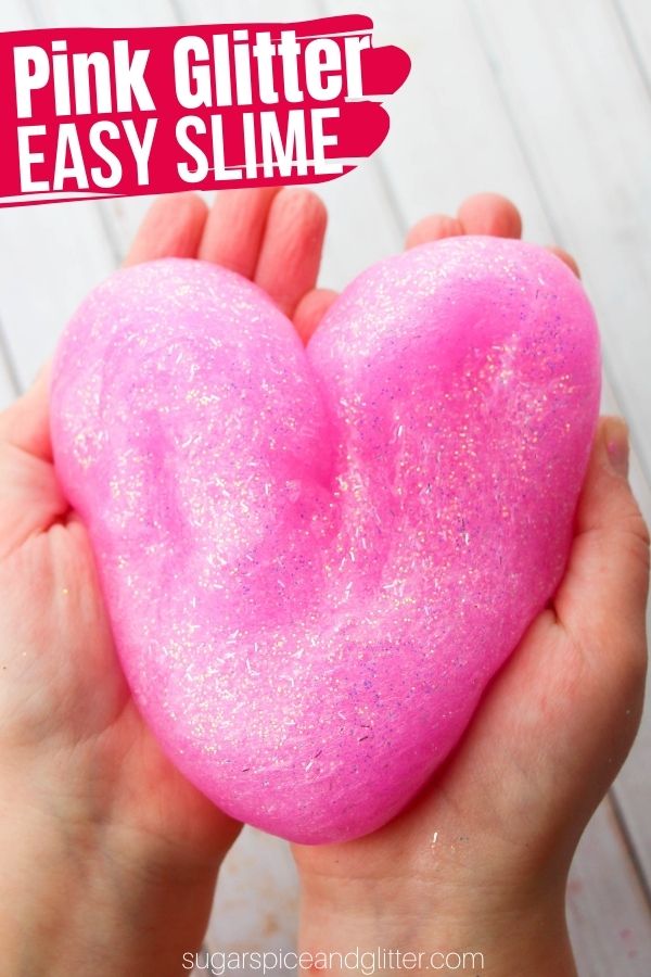 An easy 3-ingredient slime recipe using Elmer's pink glitter glue, baking soda and contact solution. This fun slime recipe is a great sensory play material for Valentine's or little princesses. A great princess birthday party gift, too.