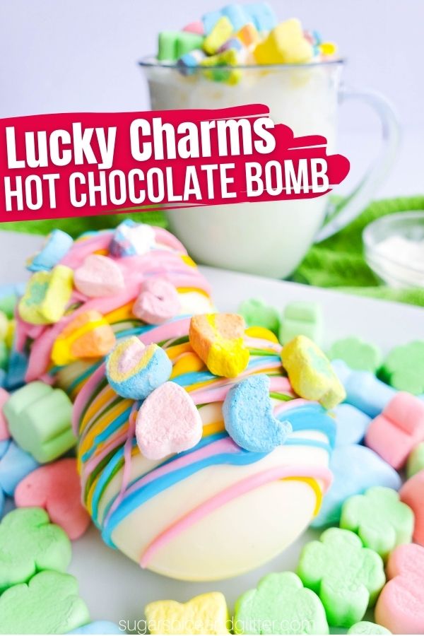 How to make white chocolate hot chocolate bombs with magical marshmallow shapes. These Lucky Charms Hot Chocolate Bombs are a fun treat for the kids and make a delicious cup of hot chocolate