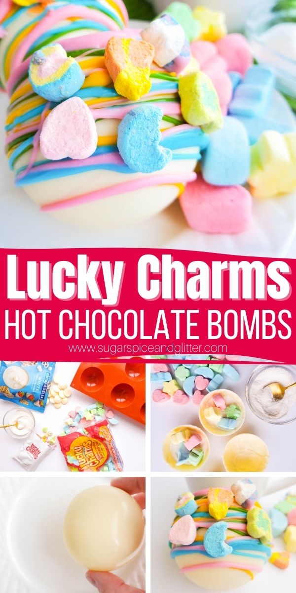 How to make magically delicious Lucky Charms Hot Chocolate Bombs, a delicious mug of white hot chocolate sprinkled with those iconic and colorful marshmallows. The perfect St Patricks Day treat for your little leprechauns