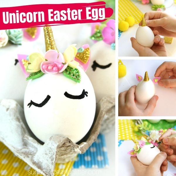 close-up shot of an Easter Egg decorated with a unicorn horn, ears and a flower crown plus 3 pictures showing how to make the craft