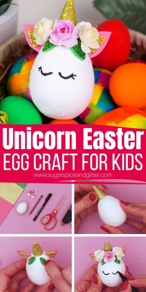 How to make Unicorn Easter Eggs - a 15-minute Easter craft using everyday craft supplies and craft eggs to make a magical addition to your Easter decor. Display as-is or add to an Easter wreath or attach a magnet for a fun twist.