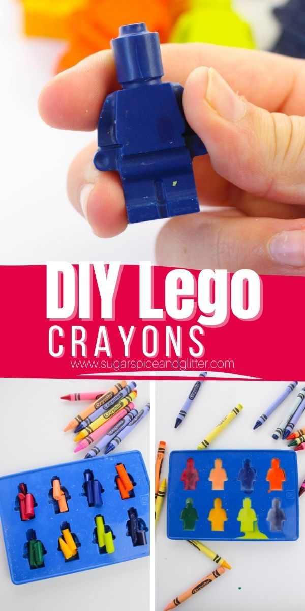 How to make DIY Lego Crayons, a fun twist on traditional block crayons that helps develop pencil grip in little hands. These Lego Man Crayons also make a cute goody gift for a Lego birthday party