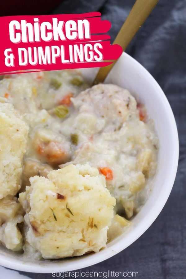 This old-fashioned chicken and dumplings recipe is a rich, flavorful and creamy chicken stew featuring well-seasoned, juicy chicken, tender, sautéed veggies and light, pillowy dumplings. The dumplings are made from-scratch using everyday pantry ingredients and are super simple to make.