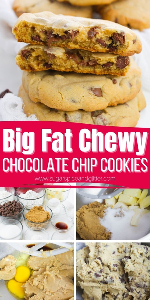How to Make the BEST BIG FAT CHEWY Chocolate Chip Cookies, with a buttery, caramelized flavor and almost a cookie dough-like center. These chocolate chip cookies are even better than you can find at most bakeries - and they are super quick and easy to make at home.