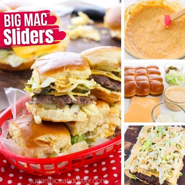 composite image of a pile of Big Mac Sliders in a red plastic diner basket on a red polka dot napkin along with three in-process images of how to make the sliders