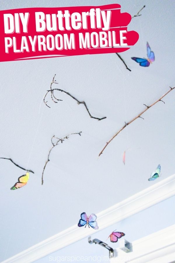 A quick and easy Butterfly Mobile to add some whimsy and magic to your child's playroom. When a gust of wind comes in, these butterflies seem to float and fly in the breeze