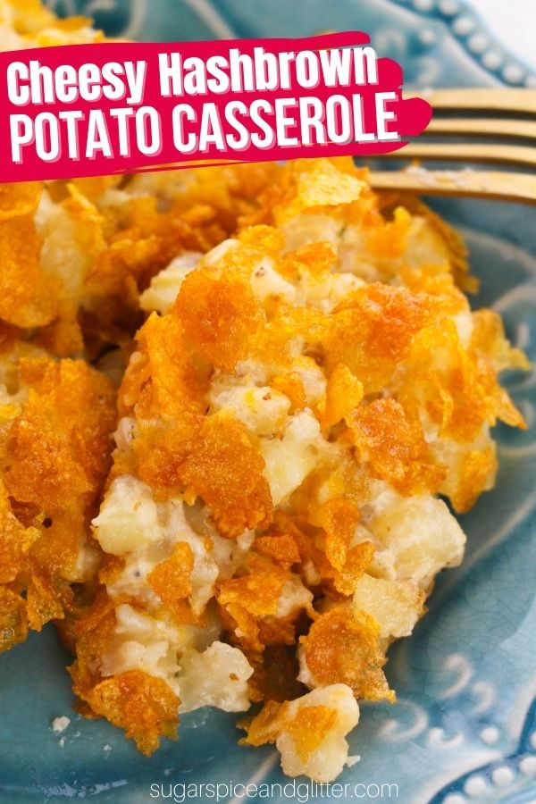 A creamy, flavorful potato casserole made with just 6 simple ingredients and topped with crunchy, buttery corn flake topping for an irresistible texture contrast. These cheesy hash brown potatoes are also known as funeral potatoes because they can really serve a crowd!