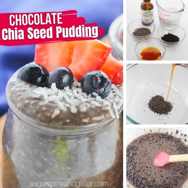 composite image of chocolate chia seed pudding along with a picture of the ingredients needed to make it and two images of how to make it