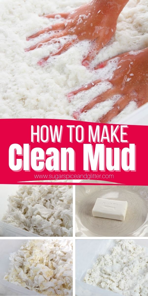 How to make clean mud, a squishy sensory play material that mimics the texture of real mud - without the mess or worry about germs! Your kids' hands will actually be cleaner after playing with this clean mud than before they started playing.
