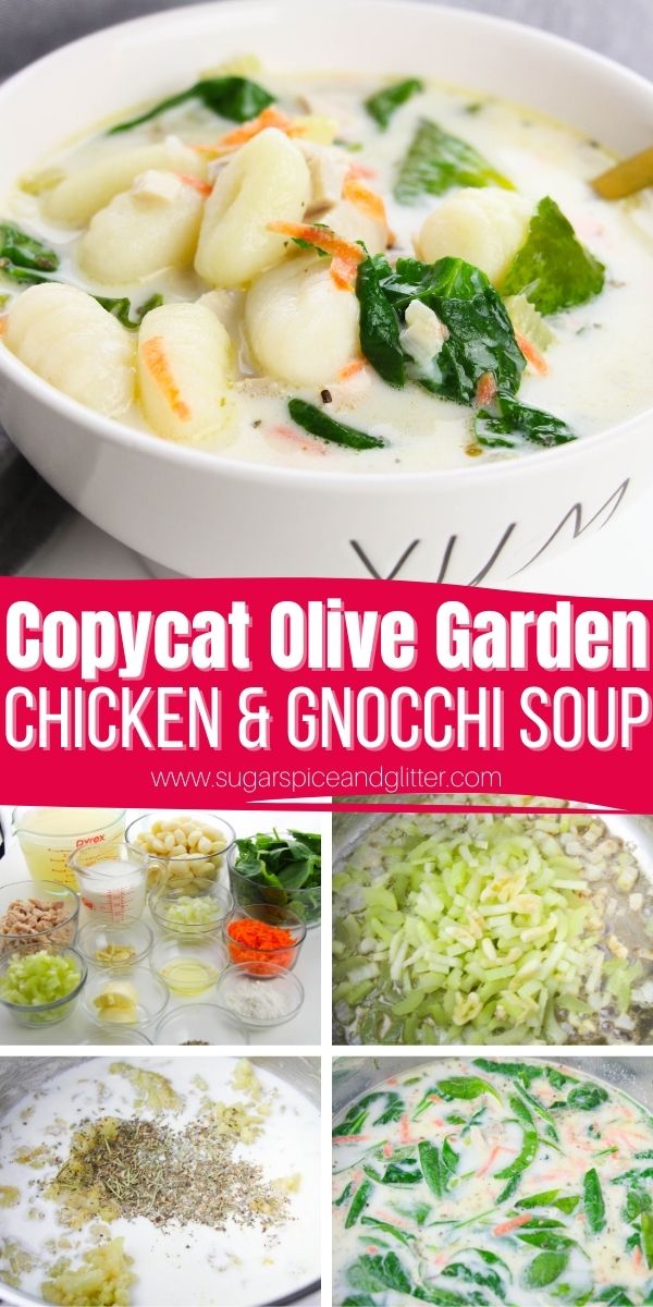 How to make Copycat Olive Garden Chicken and Gnocchi Soup at home in less than 30 minutes. A hearty, creamy and delicious soup with pillowy soft gnocchi, tender vegetables and plenty of chicken in a flavorful broth seasoned with Italian herbs.