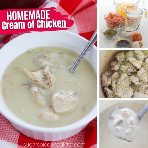 composite image of overhead image of a white bowl filled with cream of chicken soup on a red plaid napkin along with an image showing the ingredients needed to make the recipe plus two in-process images of how to make it