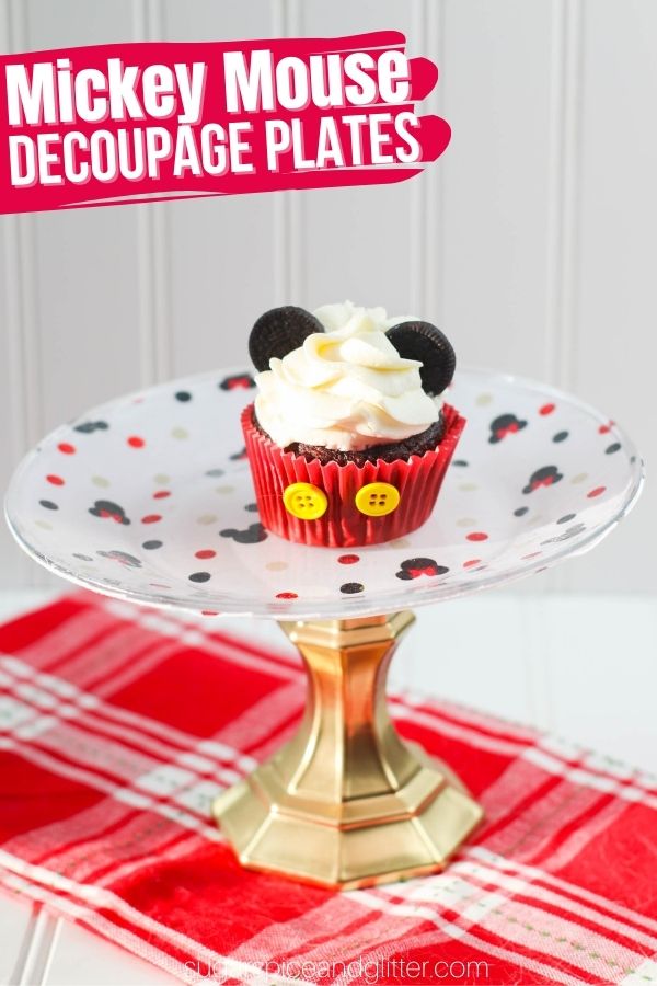 A quick and easy Disney Party DIY to add some Disney magic to your dessert table. This simple Mickey Mouse decoupage cake platter can be customized with any paint or fabric combination you'd like and makes for a fun way to display desserts.