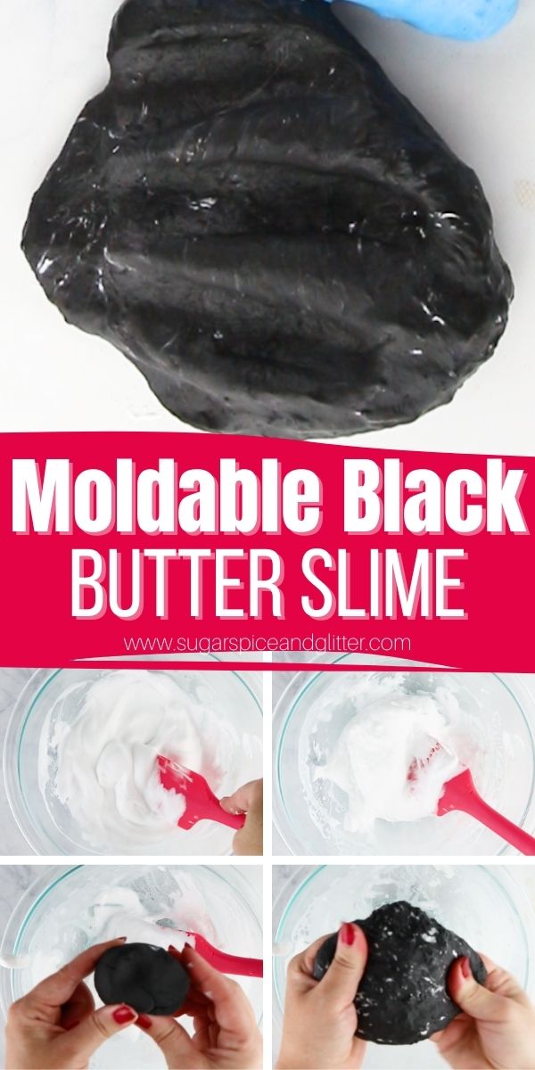 How to make black butter slime, a squishy, stretchy and moldable slime that is like a cross between slime and play dough. This non-messy black butter slime is the perfect base for a variety of themed slimes.